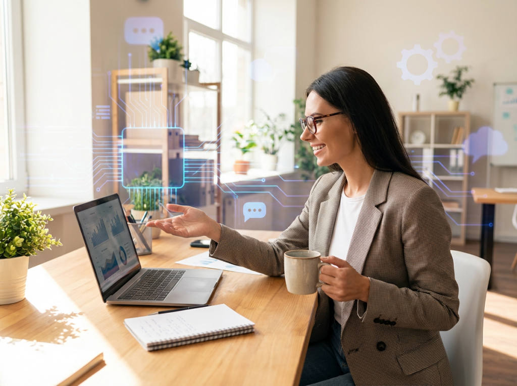 Professional business support specialist working at a desk with laptop and subtle AI digital elements, representing the evolving role of administrative assistants in an AI-driven workplace.