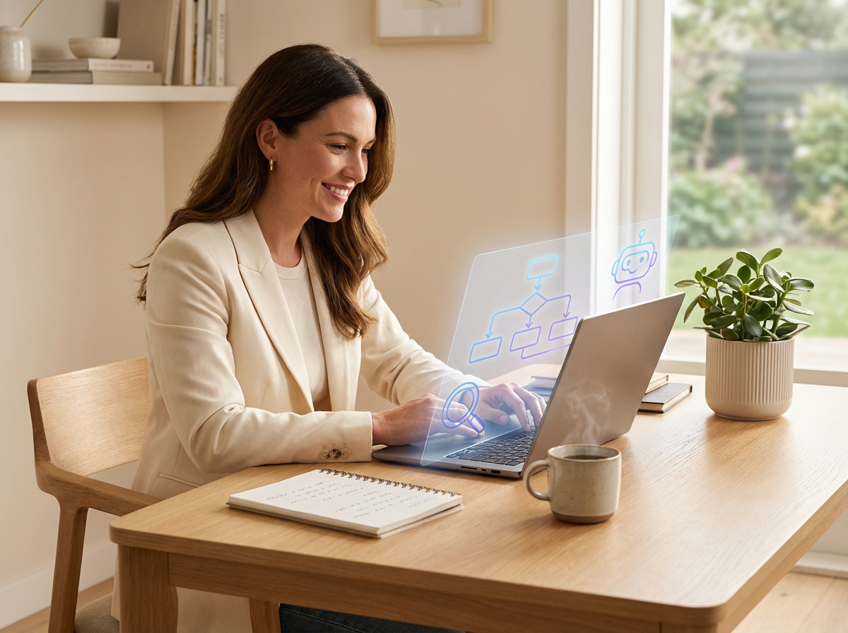 Professional woman business owner using AI tools in a modern workspace, representing how to use AI in your business without feeling overwhelmed.